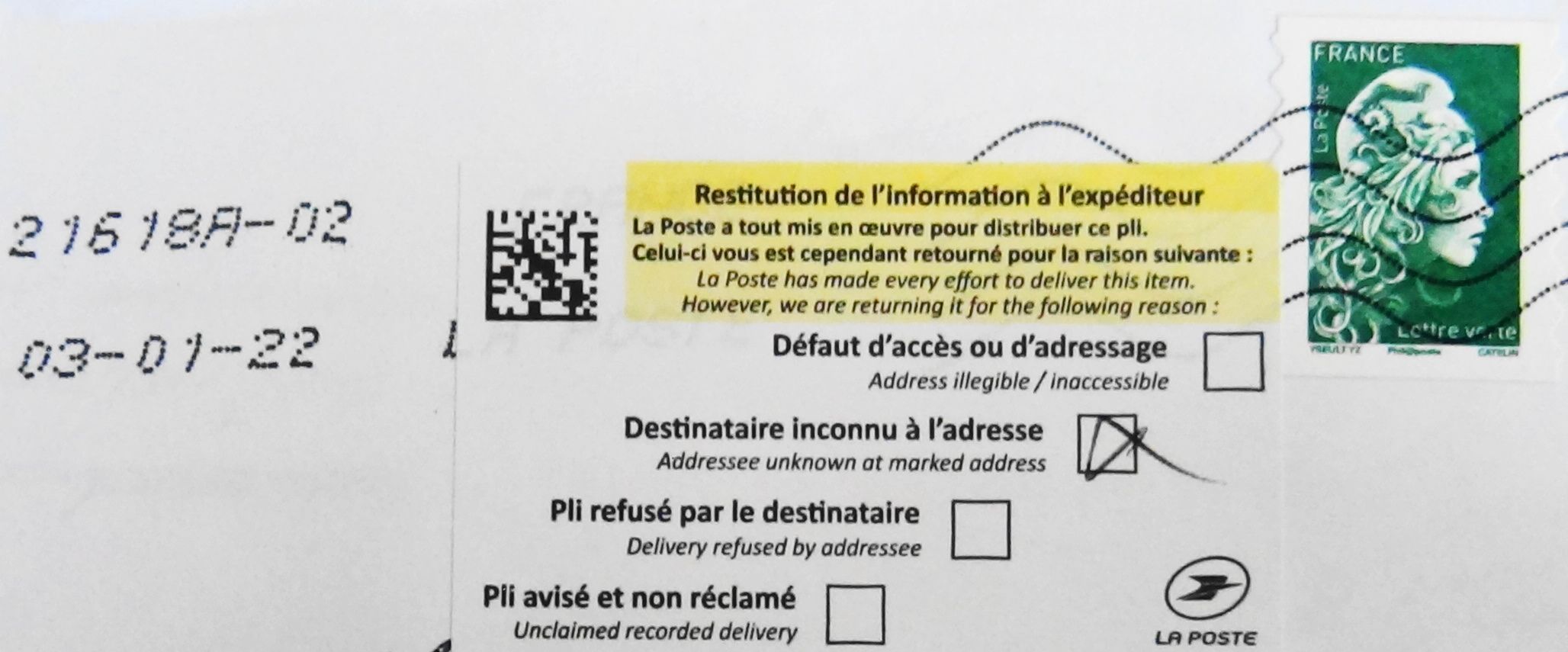 LA POSTE : 150 JOURS POUR RETOURNER UNE LETTRE.